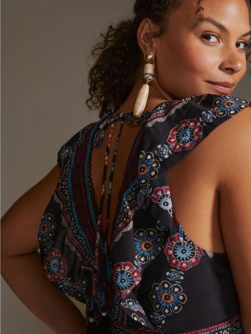Anthropologie NWT XL Animal Print Boho Mini Dress Pockets Cheetah Birds Tassel - Picture 5 of 12